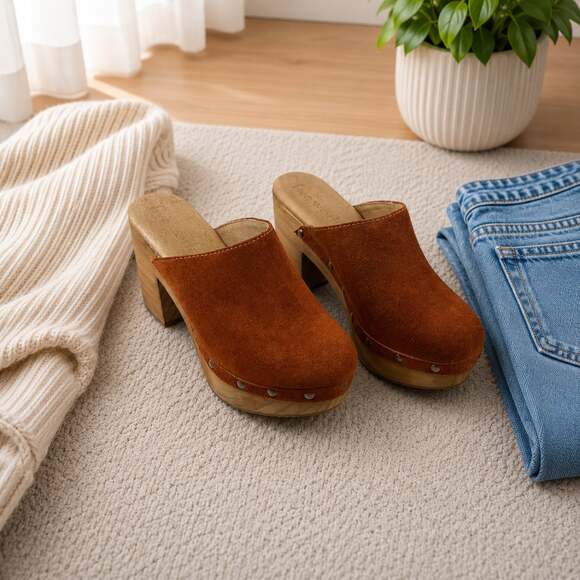 Five Worlds Shoes - Five Worlds Brown Suede Studded Wooden Clog Heels Size 7 Boho Mules
